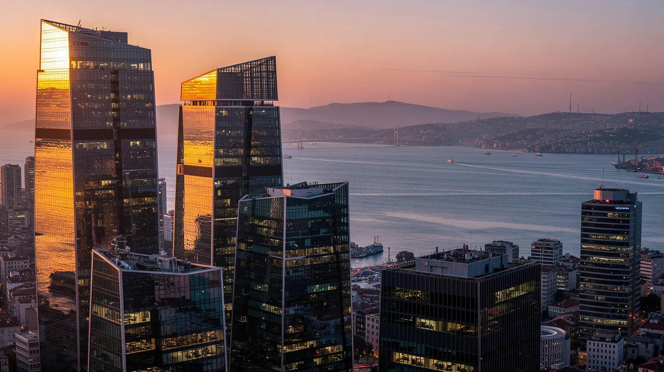 The image showcases the Istanbul financial district skyline, featuring modern glass towers that reflect the city's vibrant atmosphere, with the Bosphorus Strait gracefully flowing in the background. This scene represents Turkey's leading private banks and the dynamic banking industry, highlighting the country's financial landscape.