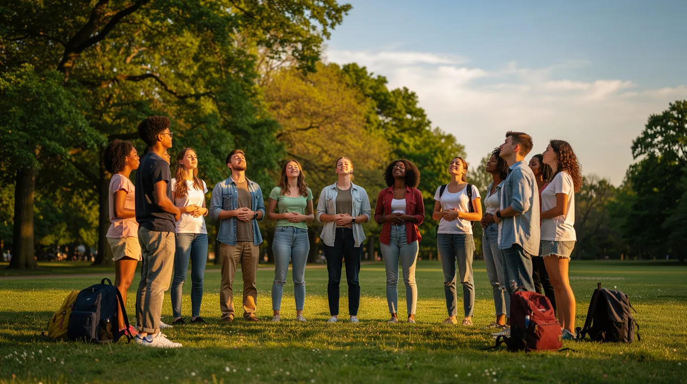 A group of teenagers is practicing deep breathing exercises outdoors, surrounded by trees and a clear blue sky, promoting positive behavior and coping strategies for managing oppositional defiant disorder. This supportive environment encourages relaxation techniques and enhances their interpersonal relationships.
