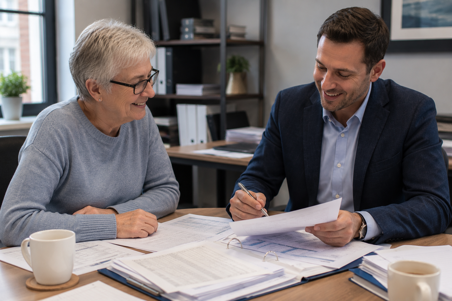 Charity trustee and accountant having a relaxed meeting about a charity audit in a UK office.