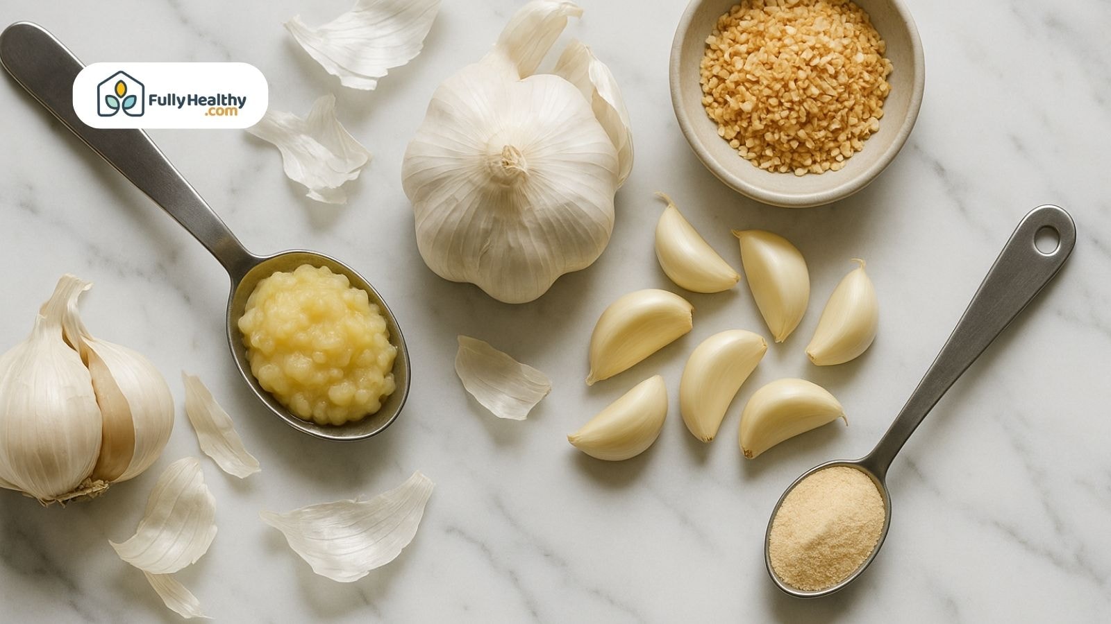Garlic cloves with garlic paste and powder on white marble background