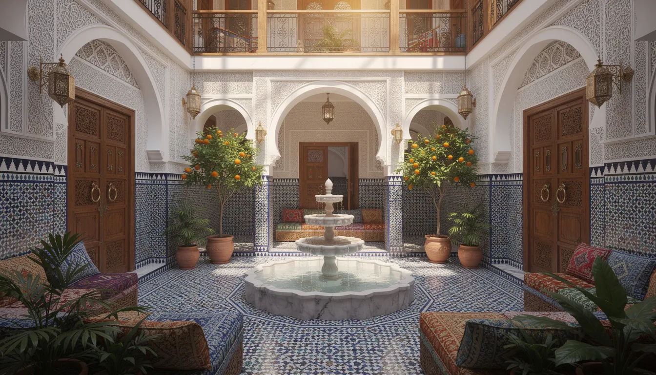 The image depicts a traditional Moroccan riad interior courtyard featuring vibrant blue mosaic tiles, intricately designed ornate doors, and a serene central fountain, creating an inviting atmosphere that reflects the rich local culture. This picturesque setting is a perfect representation of the unique architecture found in Morocco's cities, ideal for those looking to visit Morocco on small group tours.