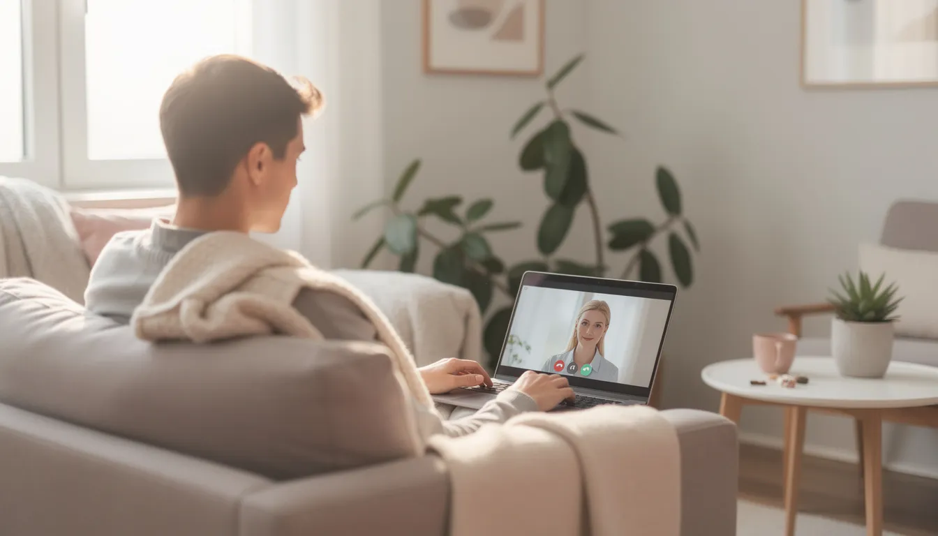 A person is sitting comfortably in a cozy home environment during a virtual therapy session, looking attentively at their laptop screen. This welcoming space suggests a focus on emotional well-being, as they seek professional support to navigate seasonal mood shifts and maintain emotional balance amidst changing seasons.