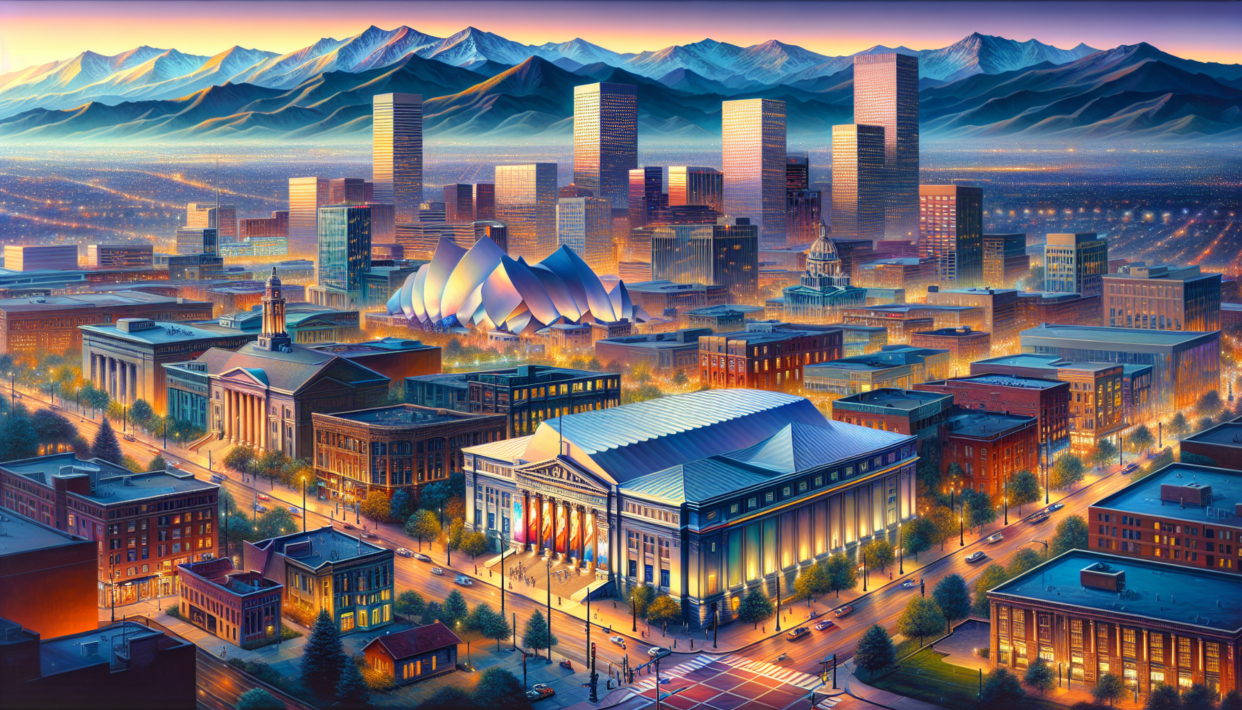 Artistic representation of cultural landmarks in downtown Denver, including museums and theaters