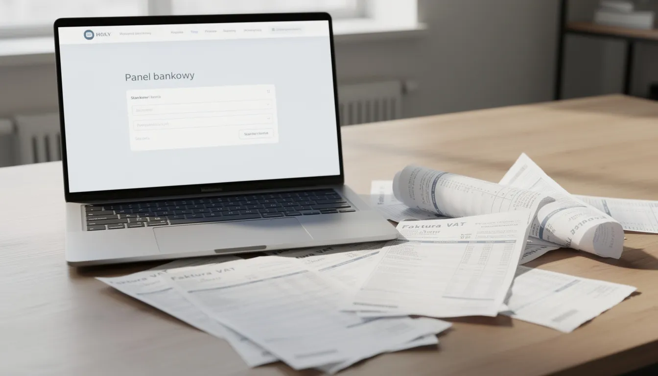 Na biurku znajduje się otwarty laptop z panelem bankowym, a obok leżą dokumenty faktur, które mogą być związane z usługami faktoringowymi. W kontekście zarządzania płynnością finansową, faktury te mogą dotyczyć odroczonego terminu płatności oraz ryzyka niewypłacalności kontrahenta.