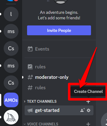 Picture showing how to create a new channel on Discord