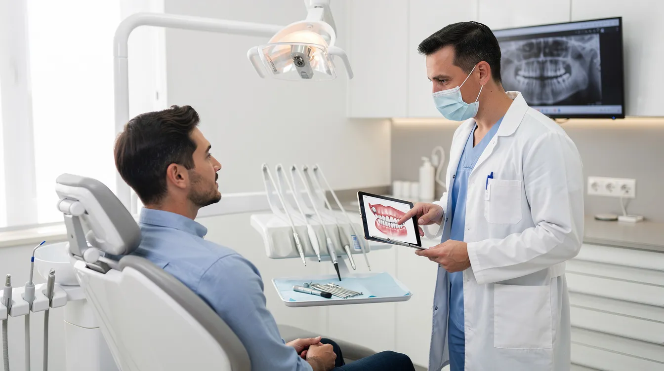 A dentist and a patient are engaged in a discussion about dental treatment options in an exam room, highlighting the importance of understanding dental benefits and insurance coverage for the proposed procedures. The dentist is explaining the specifics of the treatment plan while addressing any questions the patient may have regarding their dental insurance claims and costs.