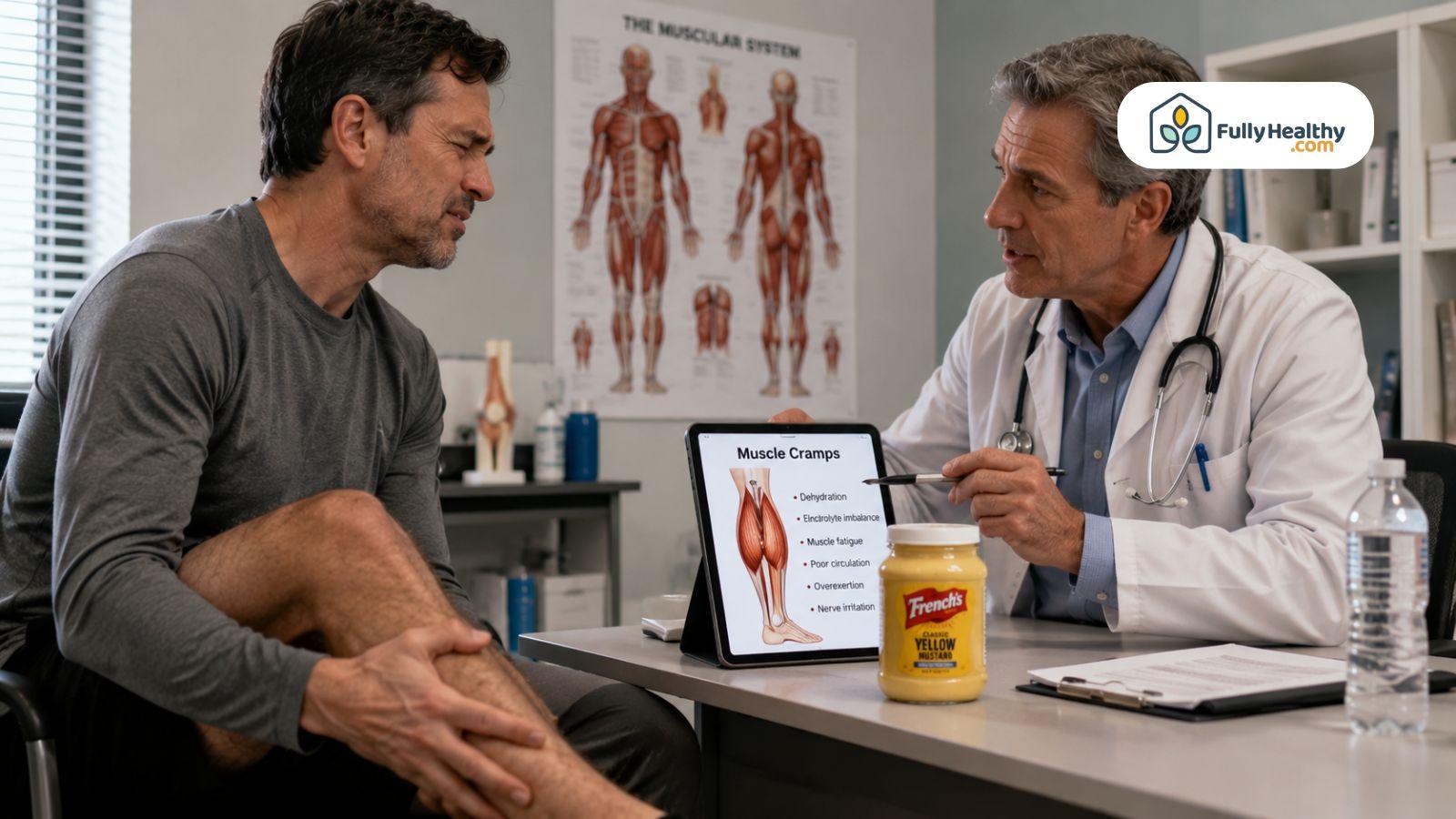 Doctor explaining muscle cramps causes and mustard remedy to patient