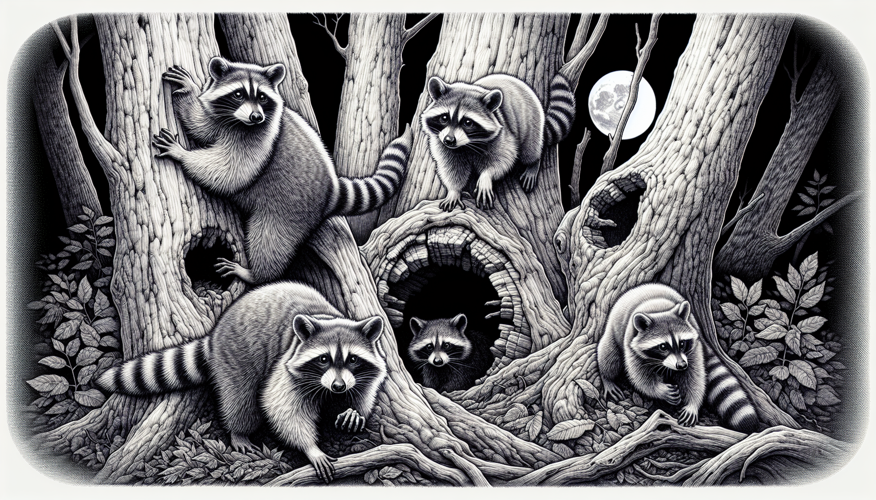 Illustration of raccoons in their natural habitat