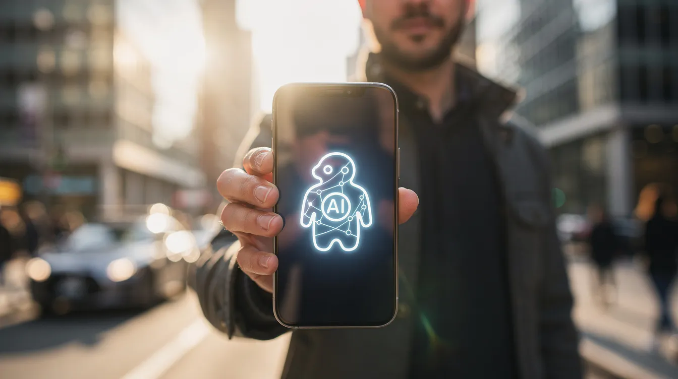 A person stands in a sunny downtown area, holding a smartphone that displays a glowing AI assistant icon, symbolizing the integration of AI in everyday life and digital marketing. This scene highlights the potential of AI systems to enhance search engine optimization and improve search visibility for businesses.