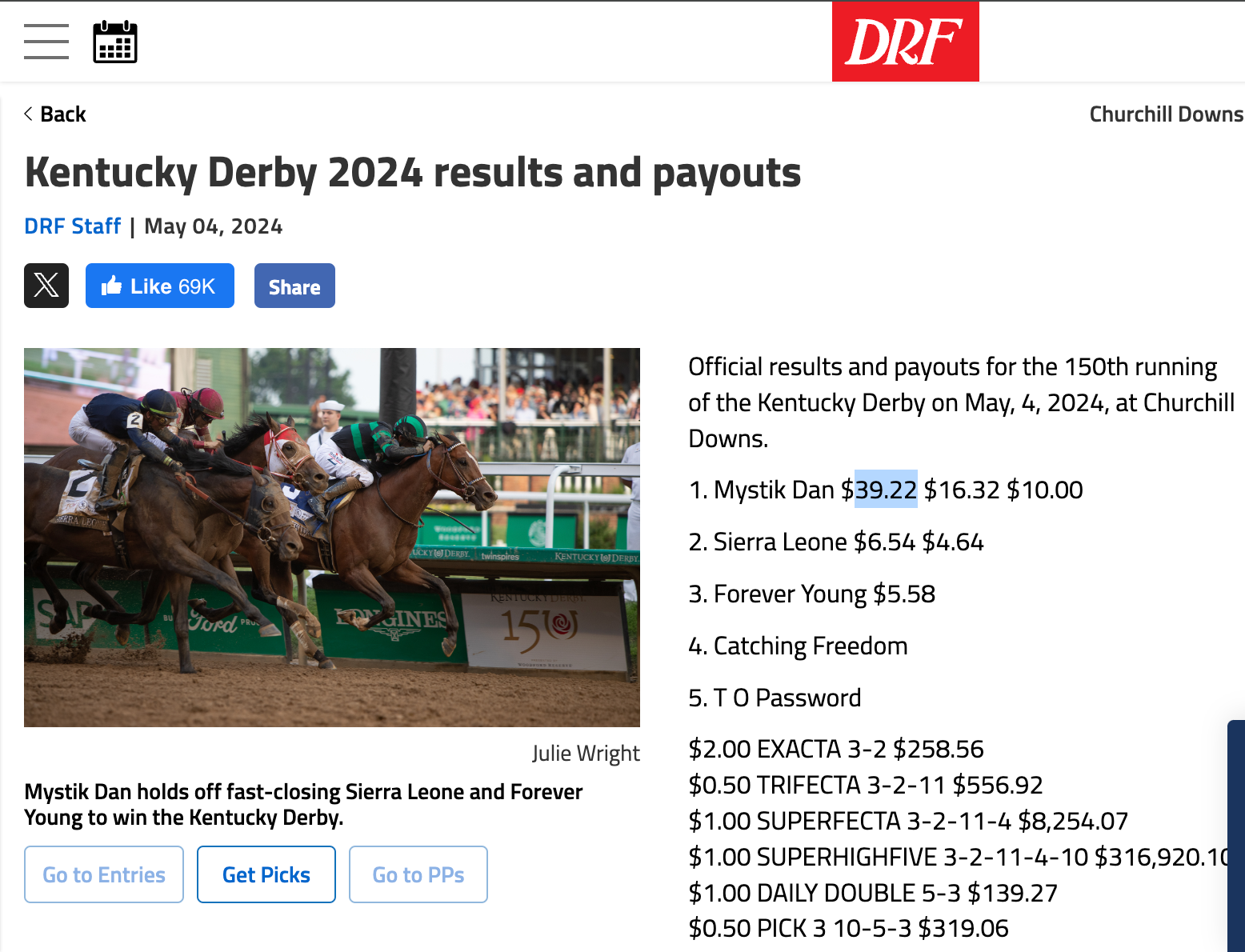 A screenshot view of Daily Racing Form's 2024 Kentucky Derby reuslts and payouts.