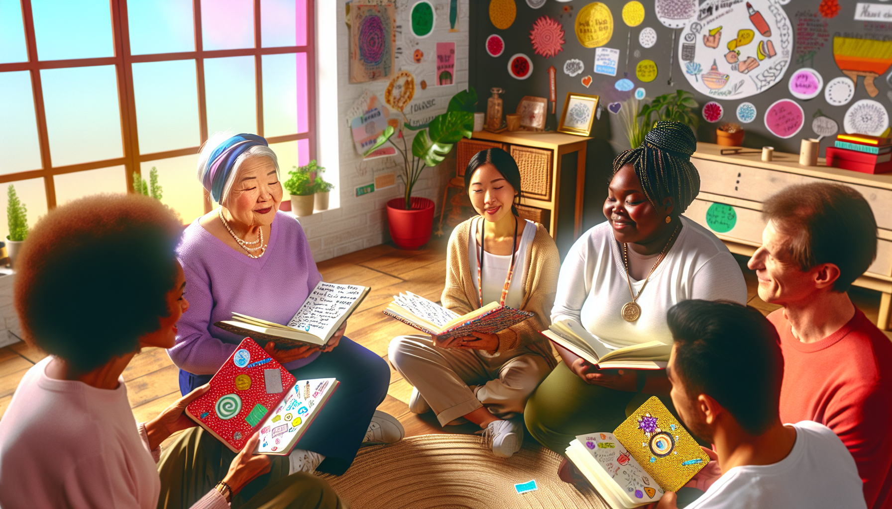 A group of people sharing and supporting each other, symbolizing the importance of seeking support and accountability in manifestation journaling