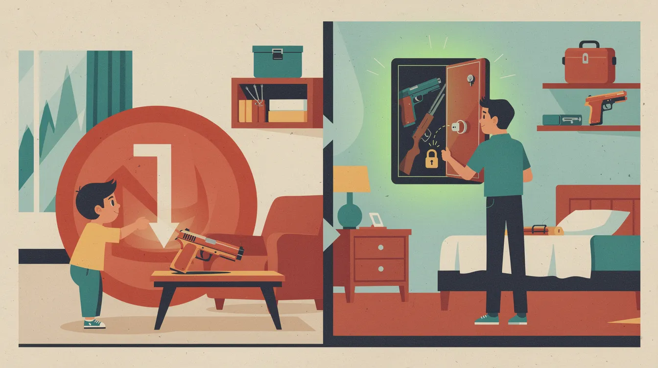 An image illustrating the risks of firearms at home, highlighting firearm safety.