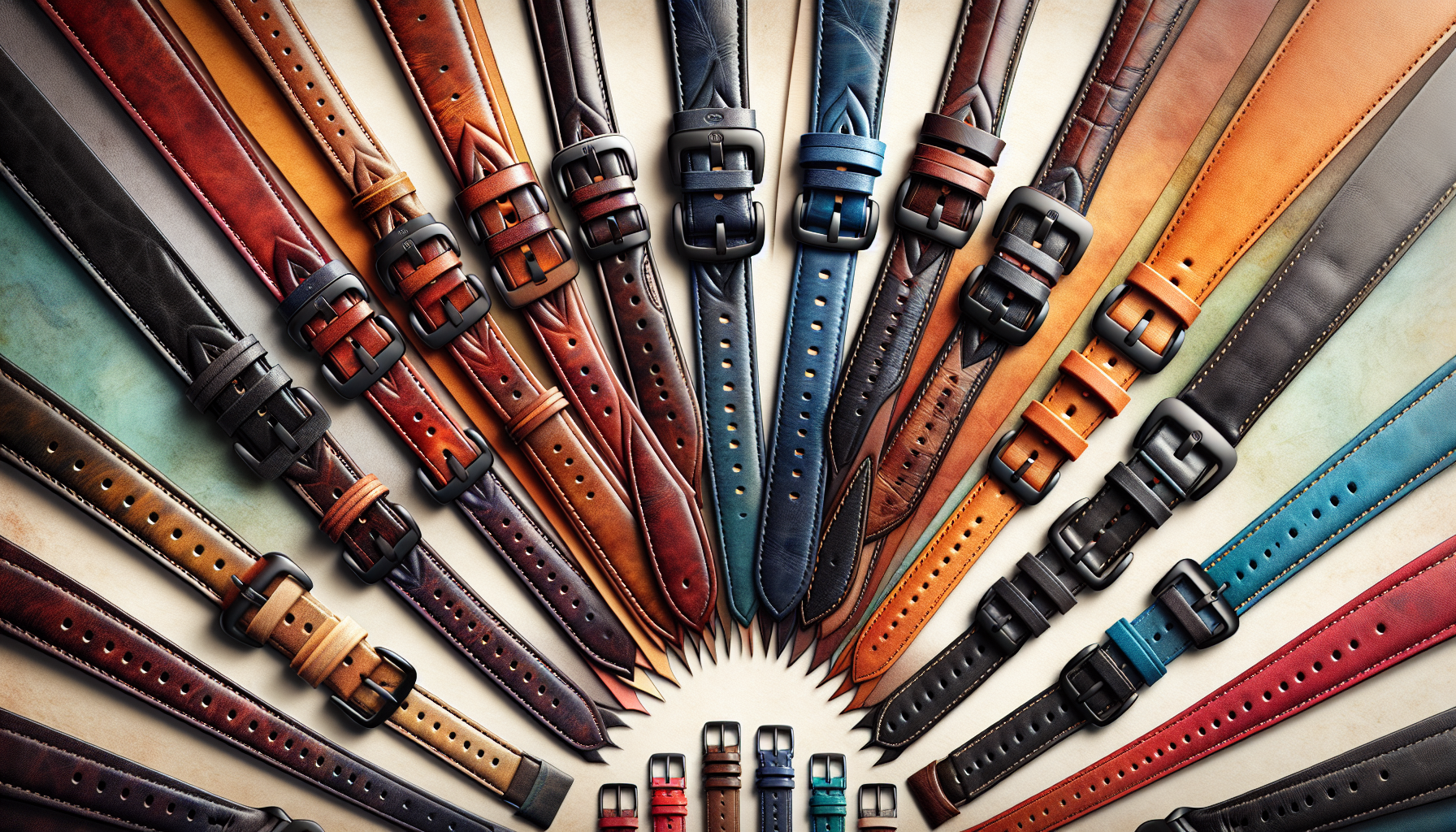 A selection of various 21mm leather watch bands in different styles.