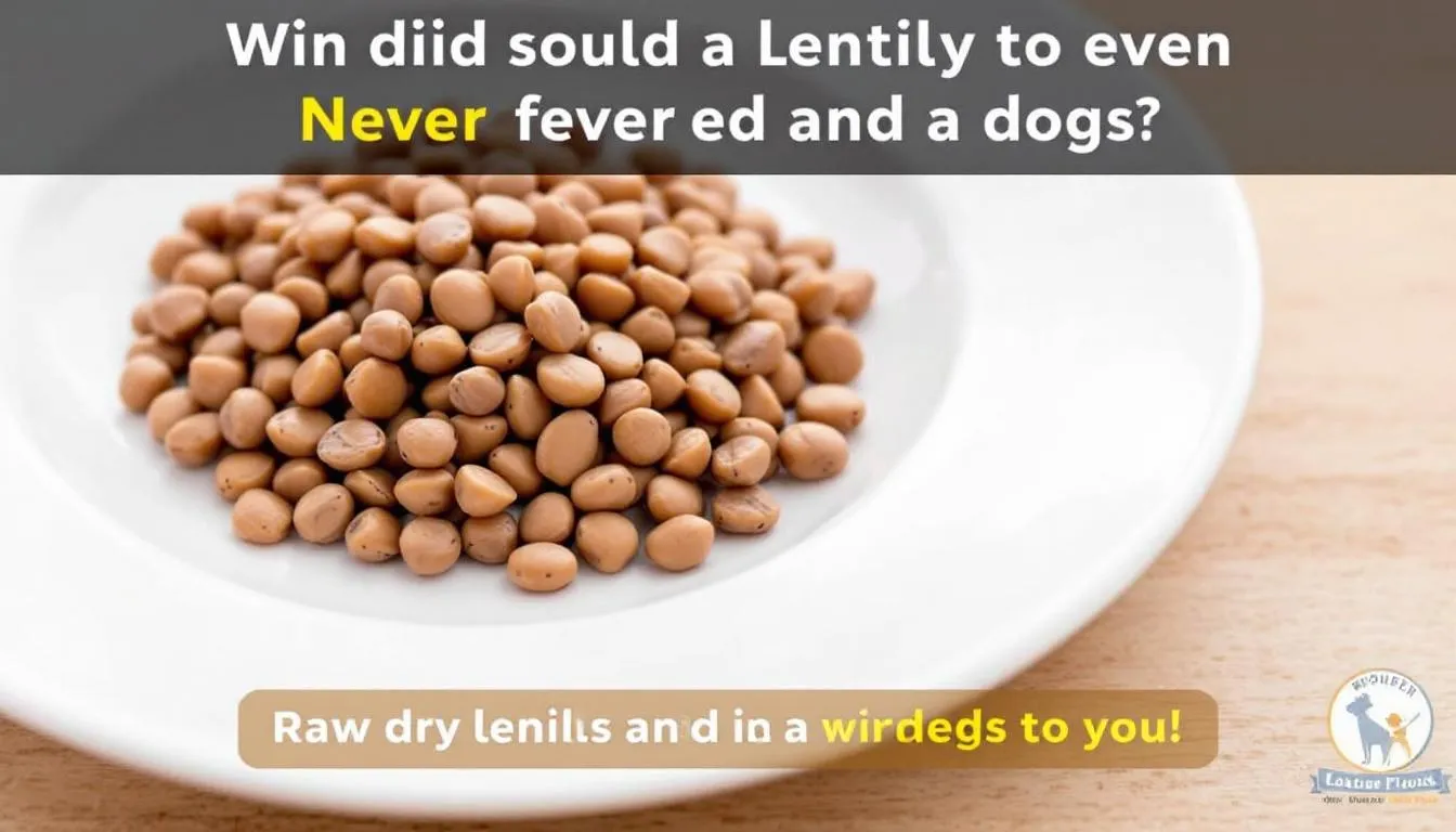 The image depicts a warning sign featuring raw dry lentils, emphasizing that these should never be fed to dogs due to potential digestive issues. It serves as a reminder for dog owners that while cooked lentils can be beneficial in small amounts, raw lentils are harmful to a dog