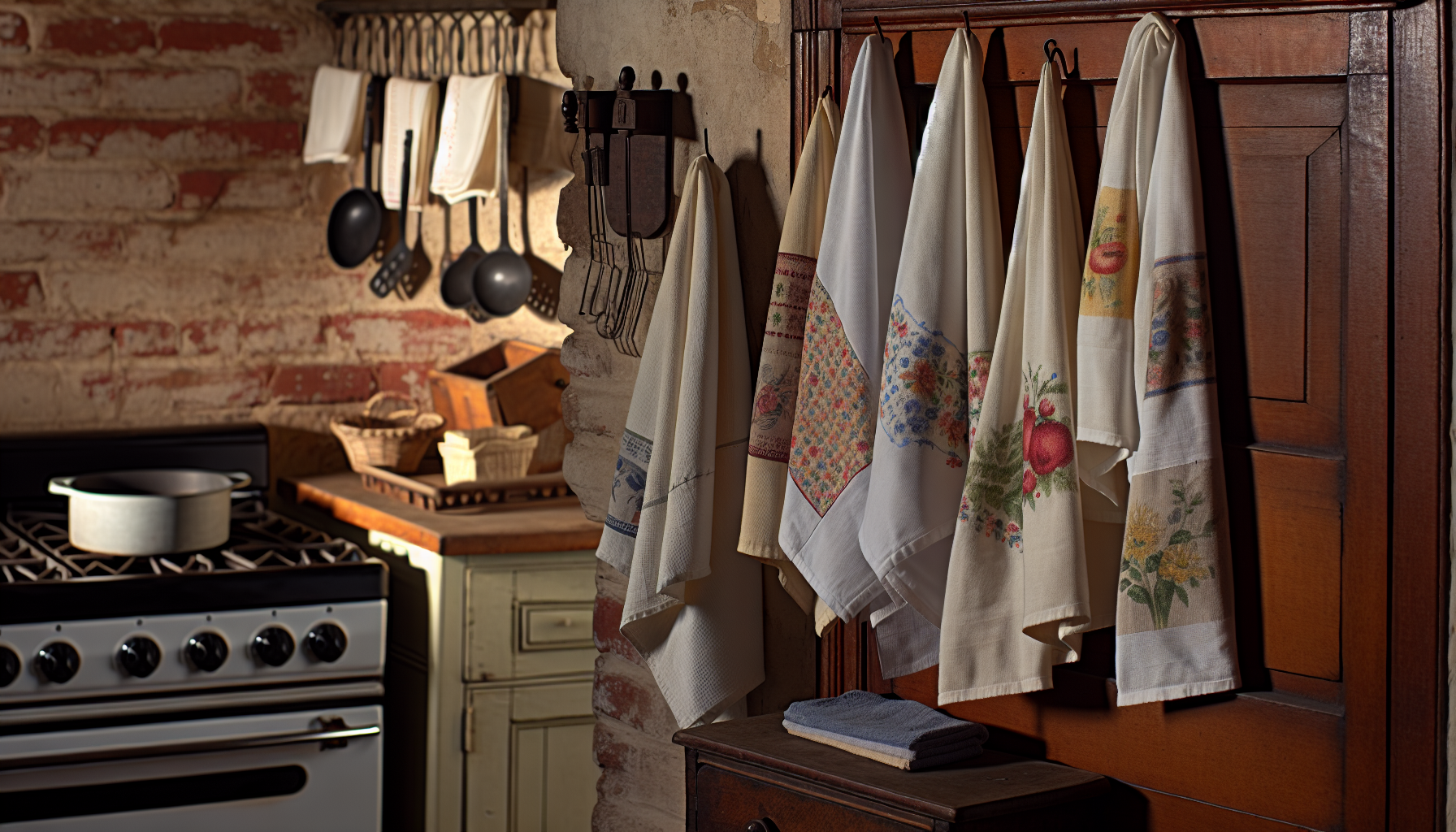 Flour sack tea towels in a rustic kitchen setting
