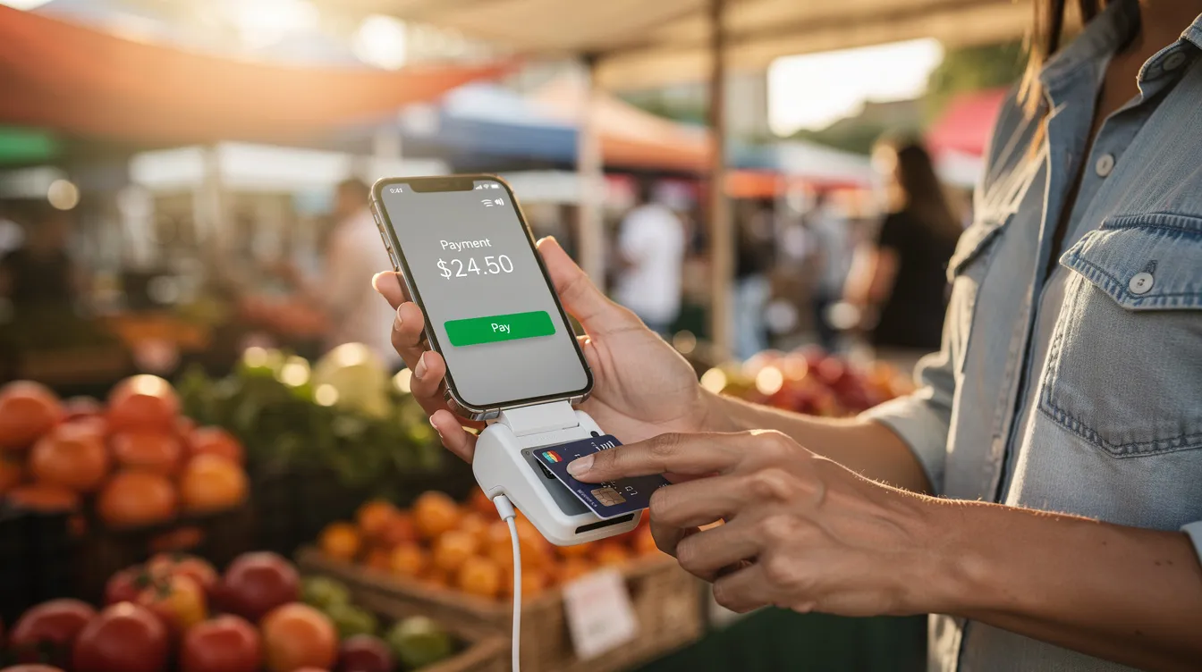 The image shows a mobile card reader connected to a smartphone, being used by a vendor at an outdoor market stall to accept credit card payments. This setup illustrates a convenient payment processing solution for small businesses, allowing them to efficiently handle transactions in person.
