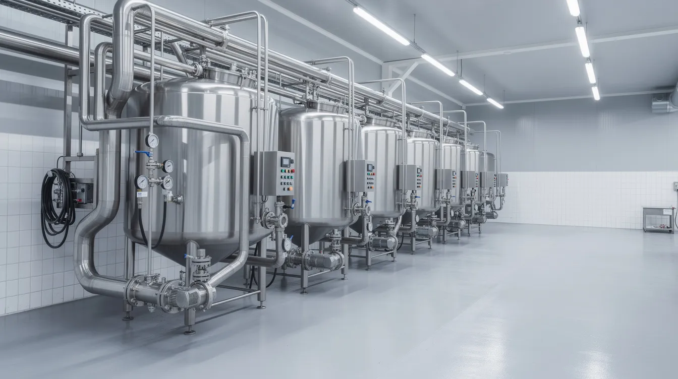 The image depicts an industrial stainless steel dairy processing facility, featuring large fermentation tanks and extensive piping within a clean factory hall, indicative of a yogurt manufacturing plant focused on producing high-quality fermented dairy products like Greek yogurt. The sterile environment suggests a commitment to food safety and efficiency in the yogurt production process.