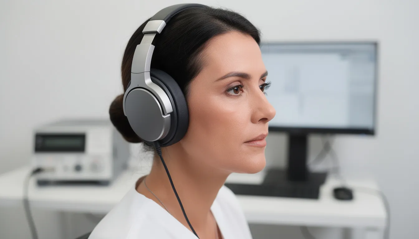 The image shows a close-up of a person wearing headphones during a professional hearing assessment, highlighting their focused expression as they participate in a hearing test to evaluate their hearing ability and identify any potential hearing loss. The setting emphasizes the importance of accurate audiogram interpretation in determining the type and degree of hearing loss.