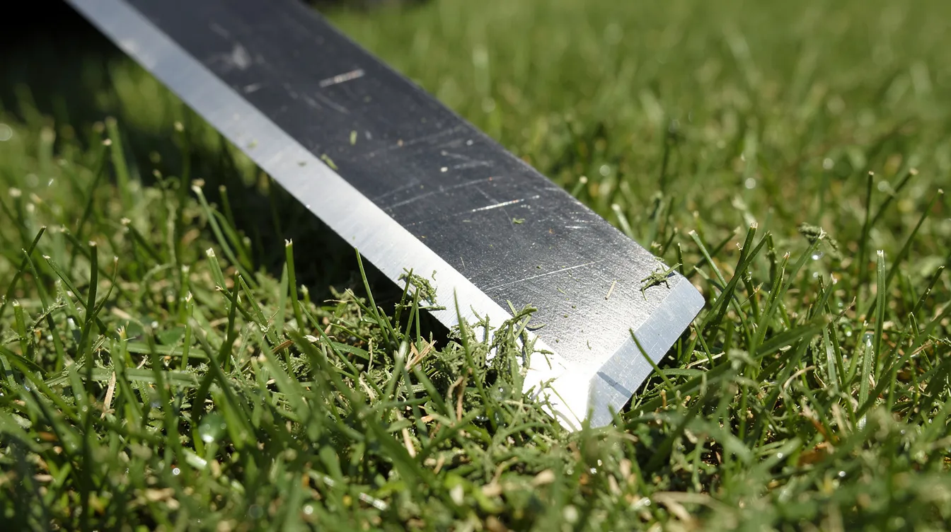 A close-up image shows a sharp lawn mower blade resting on freshly cut green grass, highlighting the importance of maintaining a healthy lawn through regular mowing. The vibrant grass cut reflects optimal mowing height, ensuring the lawn remains robust and well-nourished.