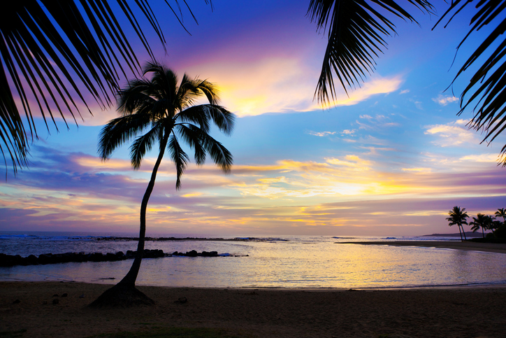A beach in Hawaii at sunset. 