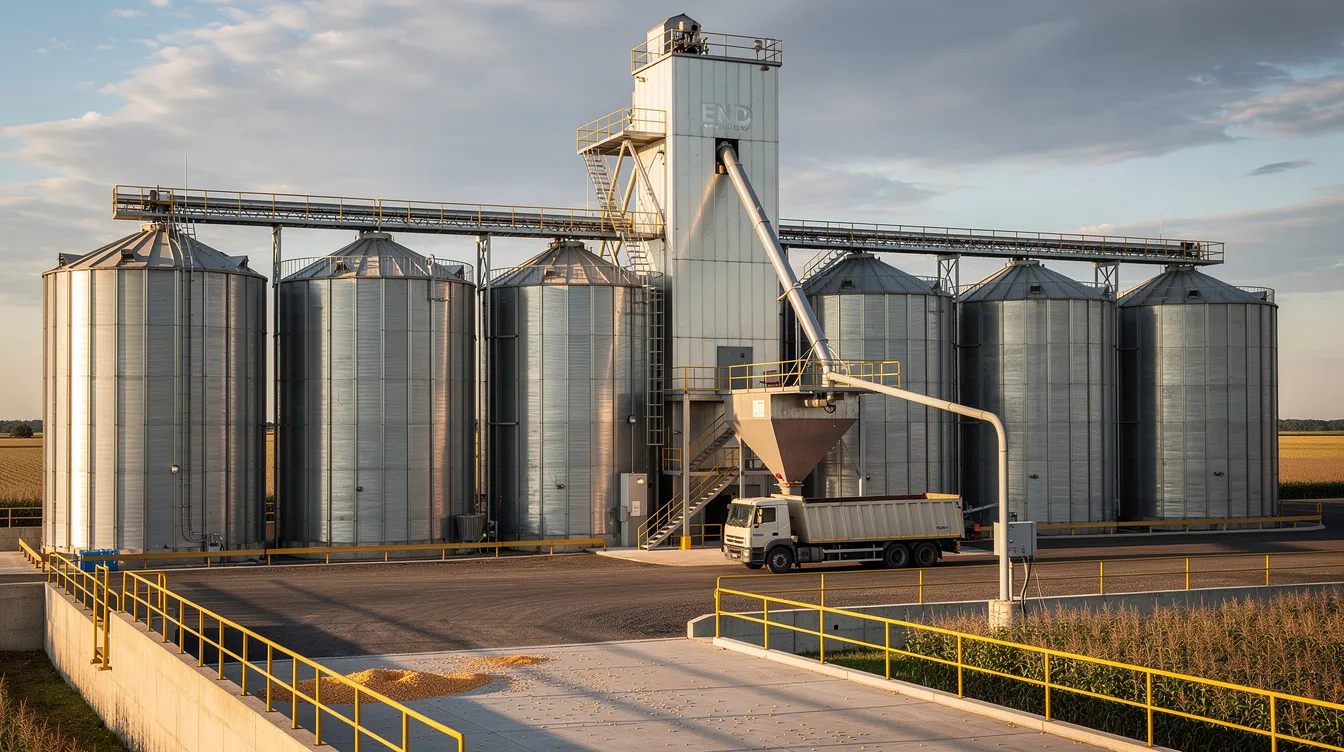 ba828c6f 2431 4d1a 90f8 08561bbf7f82 The image depicts an agricultural grain processing and storage facility featuring large maize silos, which are essential for the storage of grain used in the ethanol procurement process. This facility plays a crucial role in the supply chain of ethanol production, supporting oil marketing companies in their blending operations.