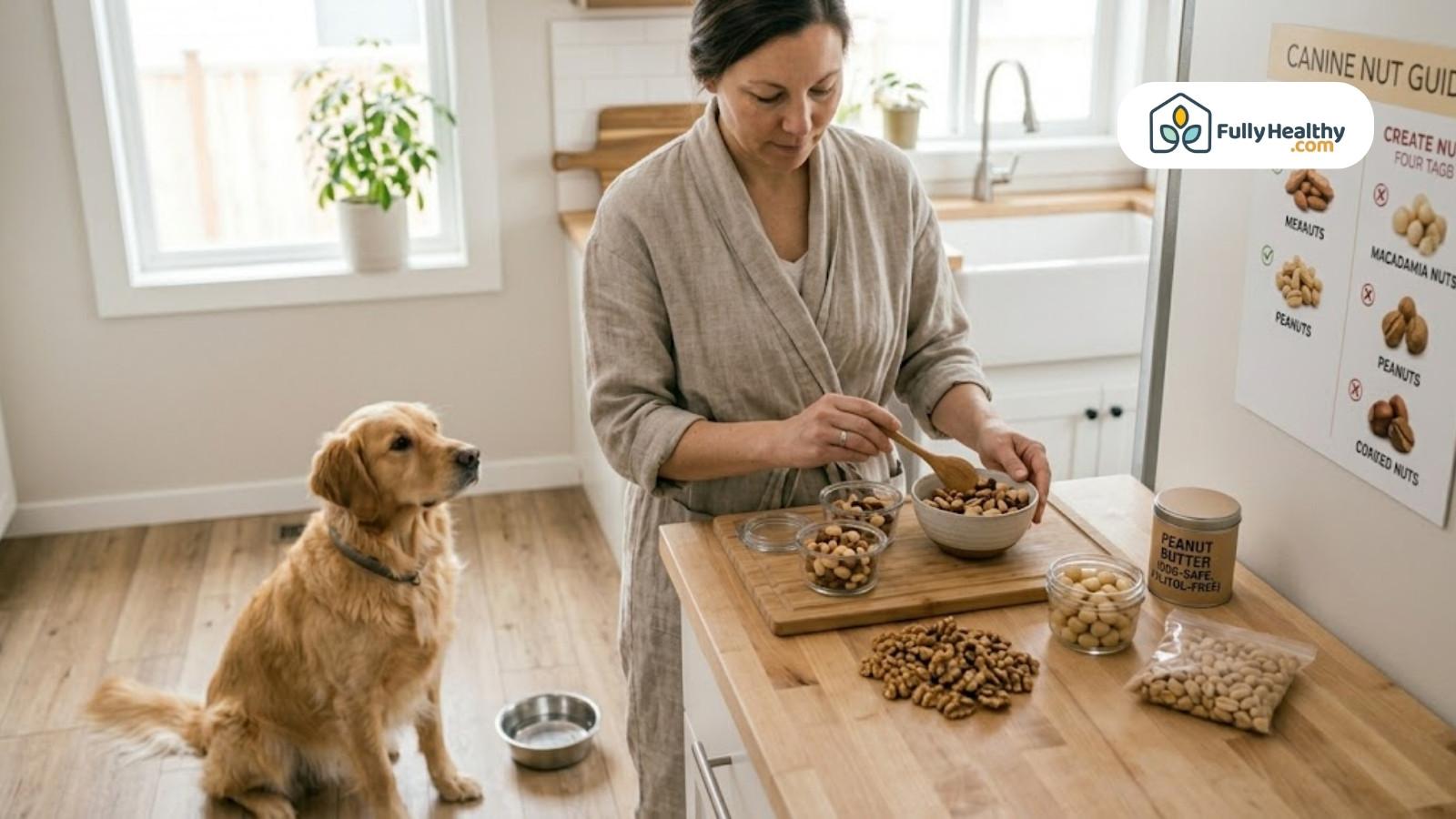Woman preparing dog-safe nut mix while dog waits beside kitchen counter