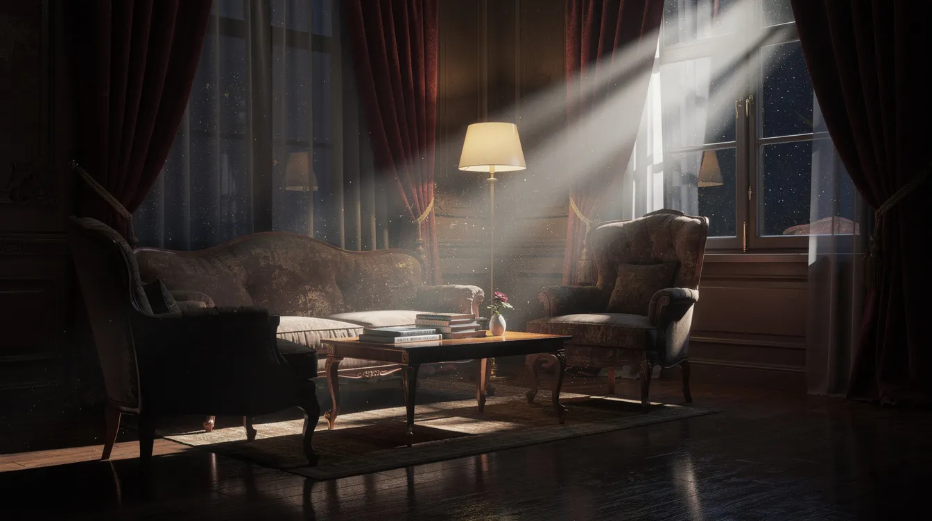 Das Bild zeigt ein elegantes Wohnzimmer mit schweren Vorhängen und dramatischem Licht, das durch ein Fenster fällt, was eine stimmungsvolle Atmosphäre schafft. Diese dunkle Szene könnte gut zu den intensiven Storylines und Charakterentwicklungen in Serien wie "Breaking Bad" oder "The Sopranos" passen.
