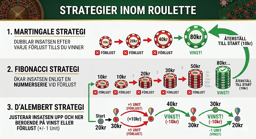 Visualisering av strategier inom roulette som visar Martingale, Fibonacci och D’Alembert strategi med exempel på insatser, förluster och vinster där marker ökar stegvis och återställs efter vinst