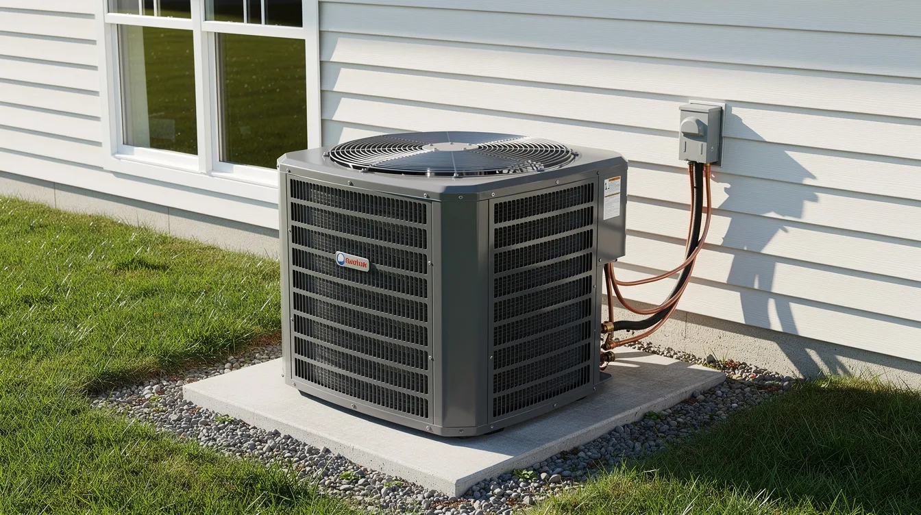 The image shows a modern outdoor air conditioning condenser unit, specifically a Trane air conditioner, installed on a concrete pad next to a residential home. The unit is part of an efficient HVAC system designed for optimal cooling performance in various conditions.