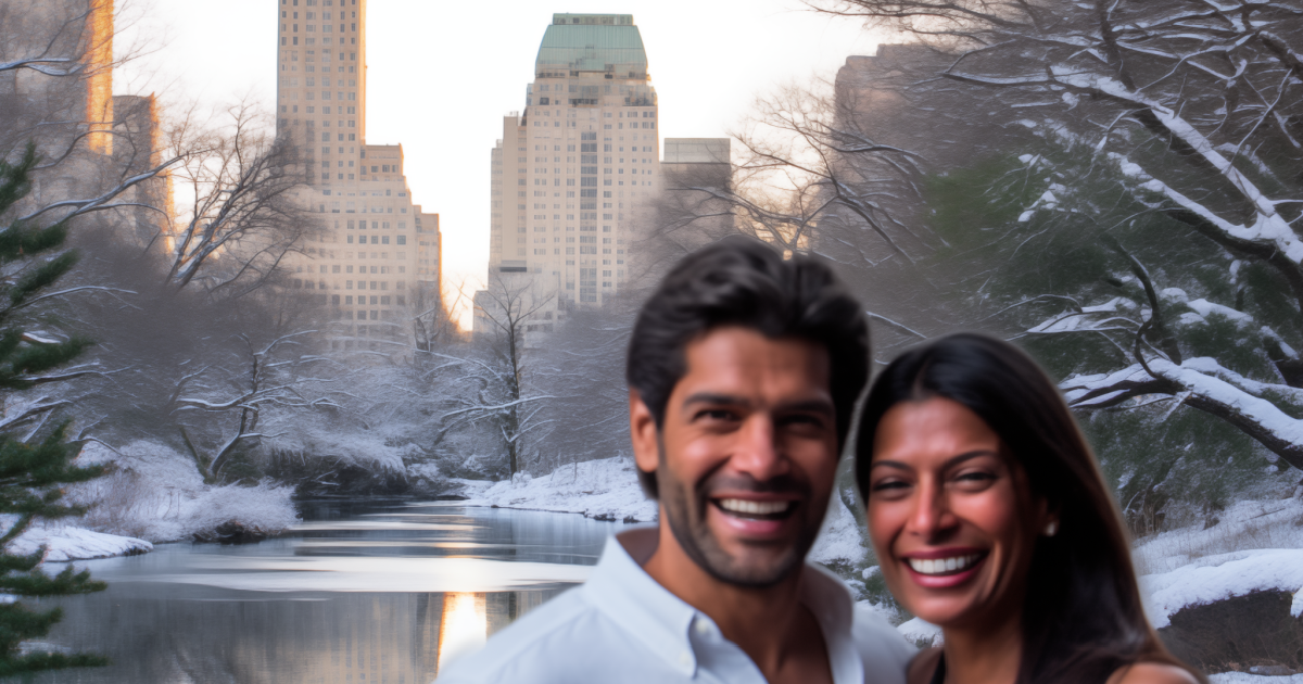 A couple smiling in front of Central Park in Manhattan working with our marriage and family therapists in NYC.