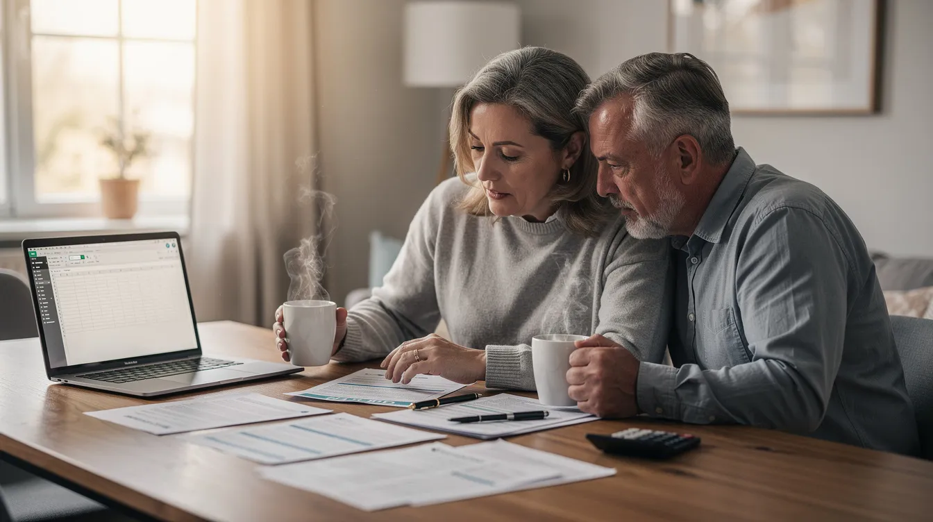 A mature couple sits at their kitchen table, sipping coffee while reviewing financial documents related to their retirement plans. They appear focused and engaged, discussing their retirement savings options and investment strategies to ensure a comfortable retirement.