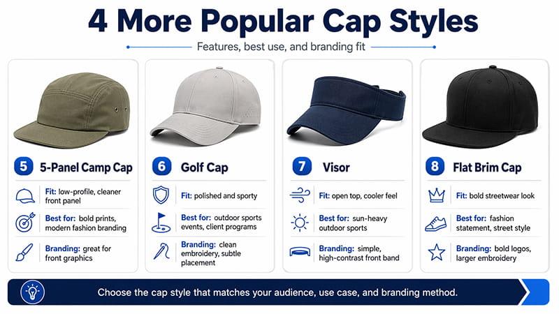 more popular cap styles infographic showing 5 panel camp cap golf cap visor and flat brim cap with fit and branding notes