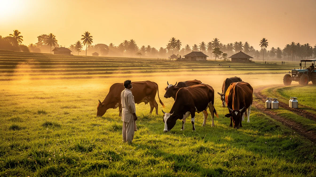 A dairy farmer stands at sunrise in a lush green pasture in India, surrounded by cows, representing the beginning of the milk supply chain. This scene highlights the importance of raw milk production in the dairy industry and the potential for dairy entrepreneurship development in rural areas.