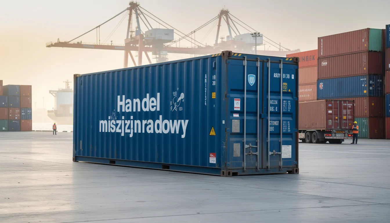 Na terminalu portowym widoczny jest kontener morski, symbolizujący handel międzynarodowy i współpracę z zagranicznymi kontrahentami. Kontener ten może być związany z procesem faktoringu eksportowego i importowego, który wspiera płynność finansową firm zajmujących się handlem zagranicznym.