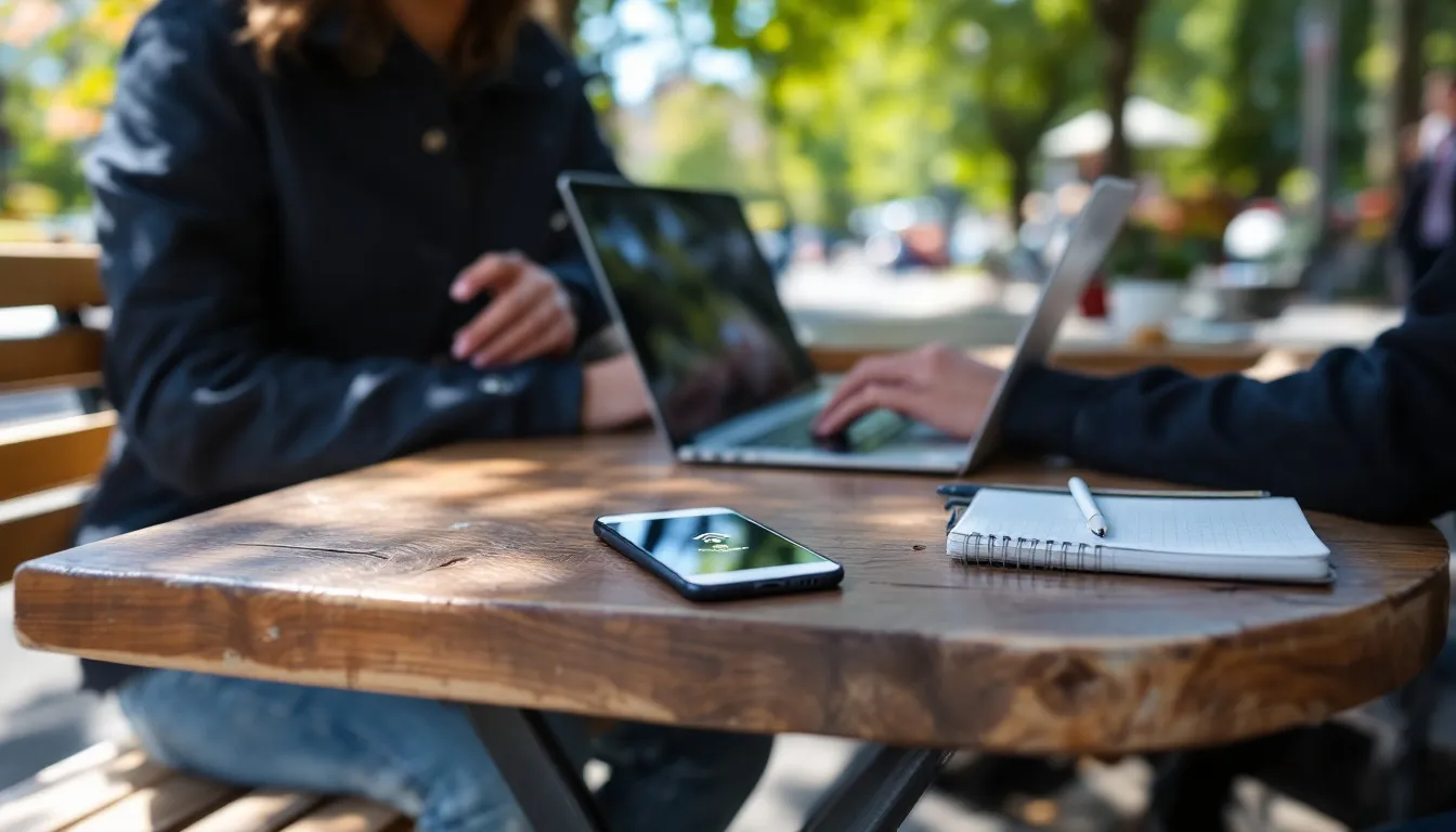 A person is working outdoors on a laptop that is connected to a smartphone mobile hotspot, utilizing the mobile hotspot feature for internet access. The scene highlights the convenience of using unlimited data plans, allowing for seamless connectivity in an outdoor setting.