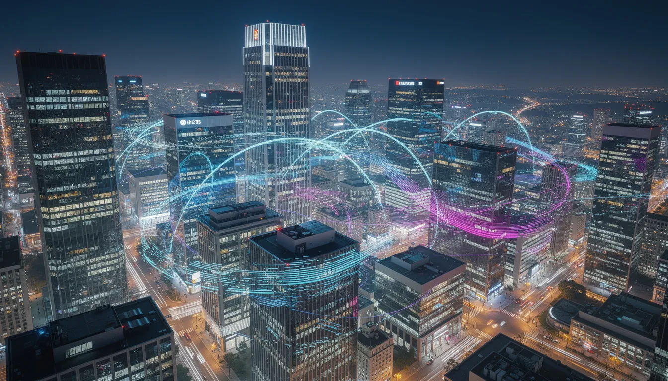 The image depicts a modern city financial district illuminated at night, showcasing glowing digital connections between skyscrapers, symbolizing the innovation and transformation in financial technology. This vibrant scene highlights the integration of technology in financial services, reflecting the trends and insights that industry leaders and businesses are embracing for the future.