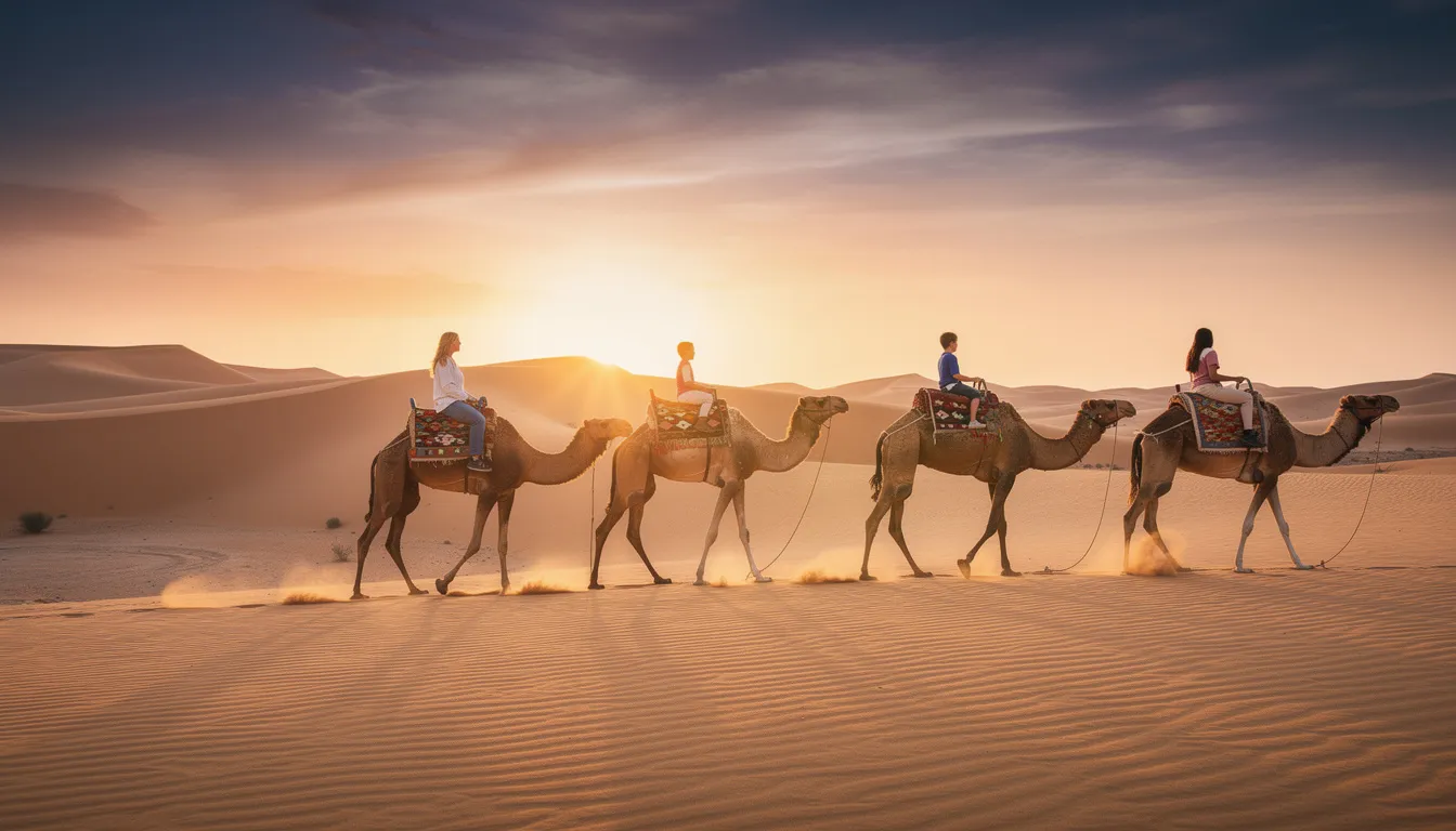 A family rides camels across the golden sand dunes of the Sahara Desert at sunset, creating an unforgettable journey that showcases the authentic culture of Morocco. The warm glow of the setting sun casts a beautiful light on the dunes, enhancing the magical atmosphere of this ideal trip in North Africa.