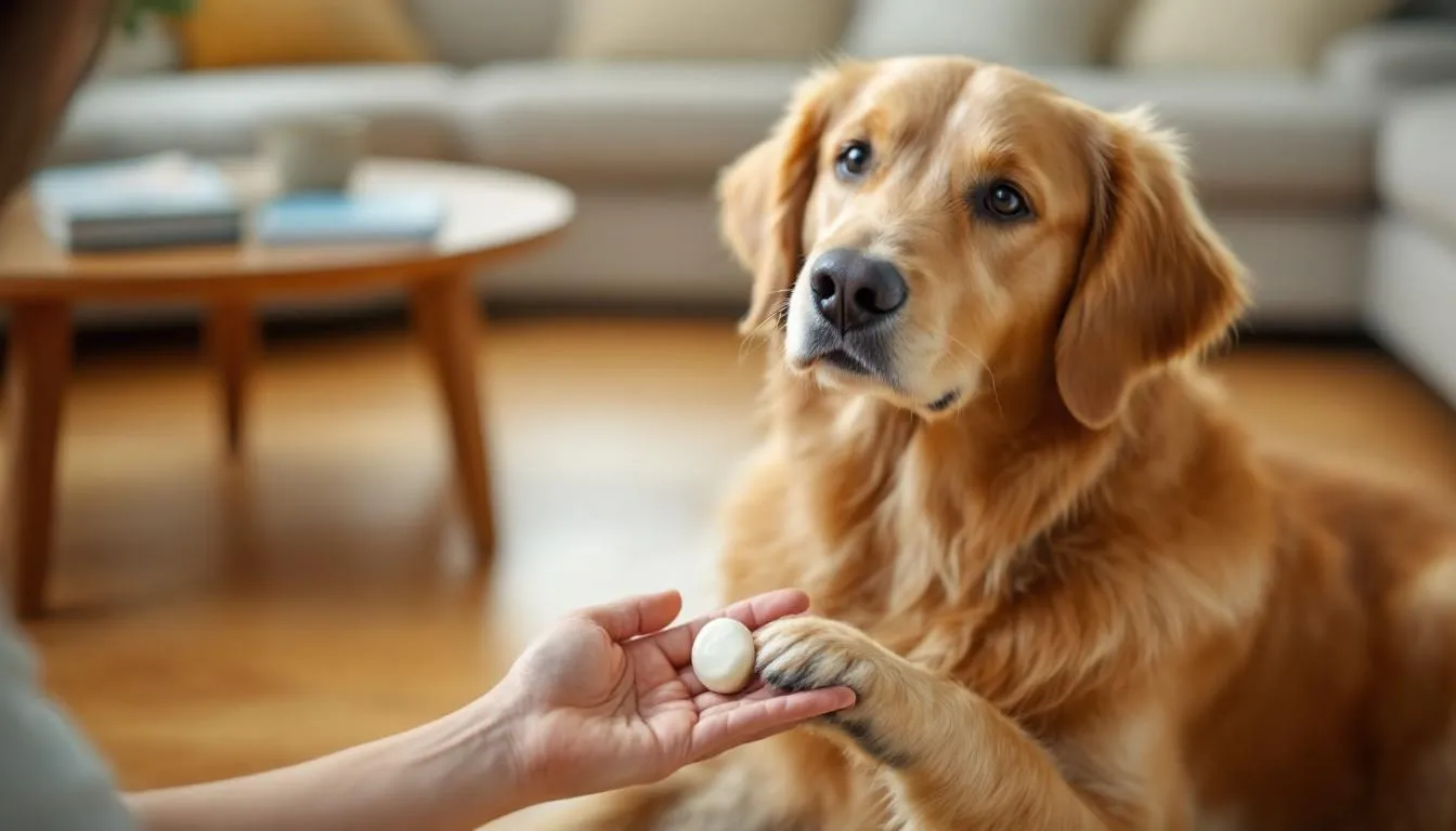 In the image, a caring owner gently applies moisturizing balm to a dog