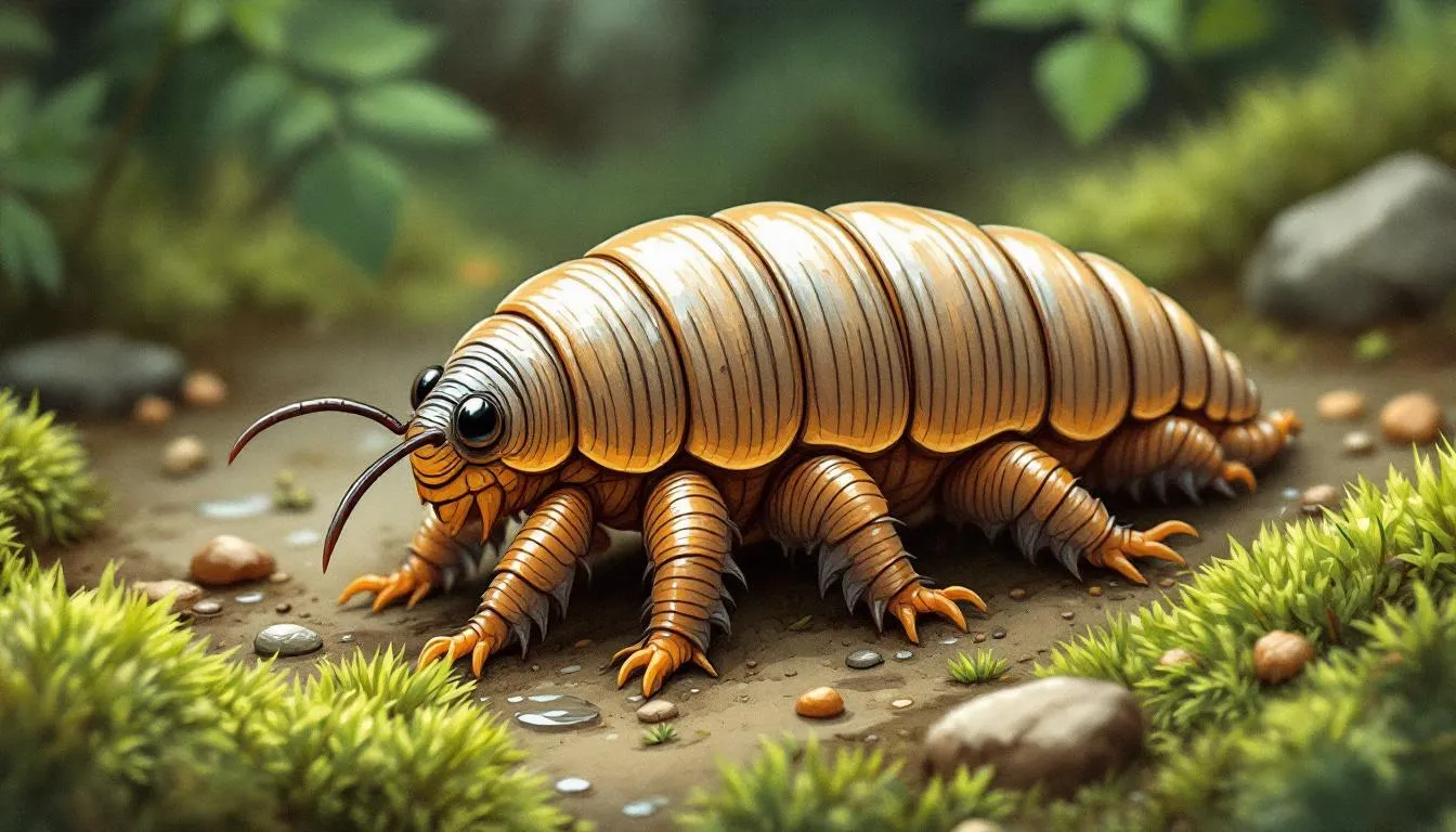 A close-up view of a common woodlouse in its natural habitat, showcasing its segmented body and texture.
