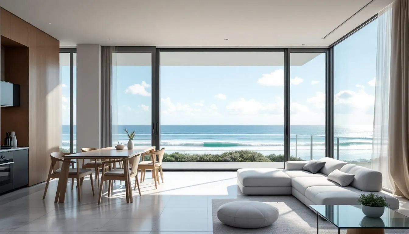 A clean condo showcasing a serene environment. The space is filled with natural light, highlighting the use of environmentally friendly cleaning products that promote human health and protect the planet.