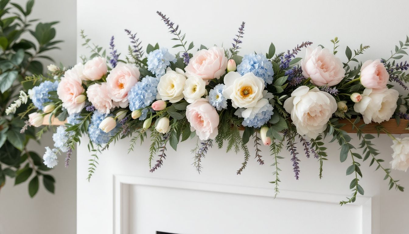 Spring mantel ideas with fresh flowers and greenery.