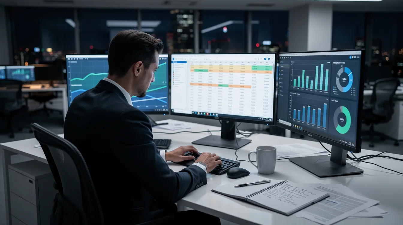 A professional is working late at their desk, surrounded by multiple computer monitors displaying various spreadsheets and charts, including Excel files with column labels and graphs. The scene emphasizes the importance of automation and accurate data updates for their PowerPoint presentations and reports.