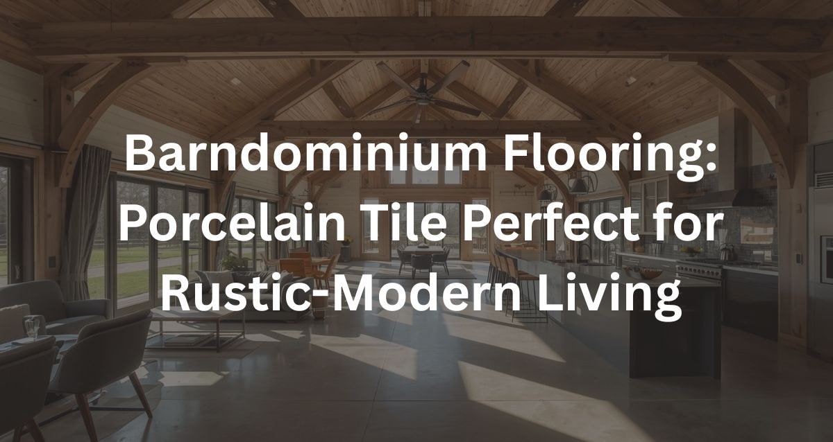 Barndominium with high ceilings, wooden beams and porcelain tile flooring