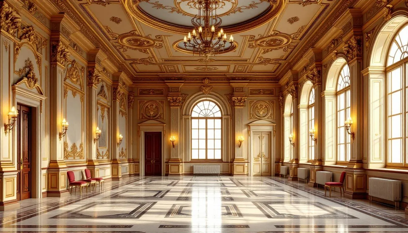 Der elegante Hochzeitssaal in Baden-Baden besticht durch historische Details, goldenes Dekor und viel natürliches Licht, das durch große Fenster strömt. Dieser wunderschöne Raum ist ideal für Trauungen und Eheschließungen im Standesamt.