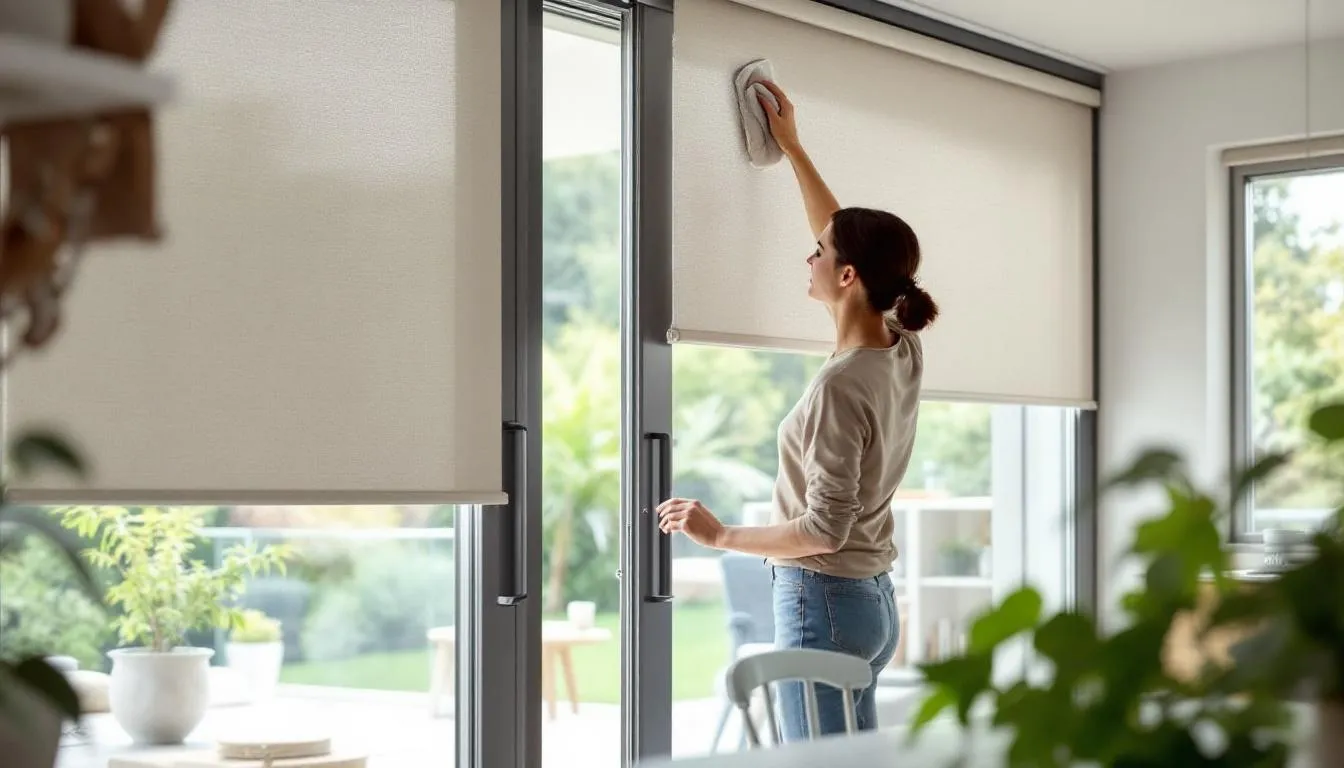A person cleaning patio door roller blinds.