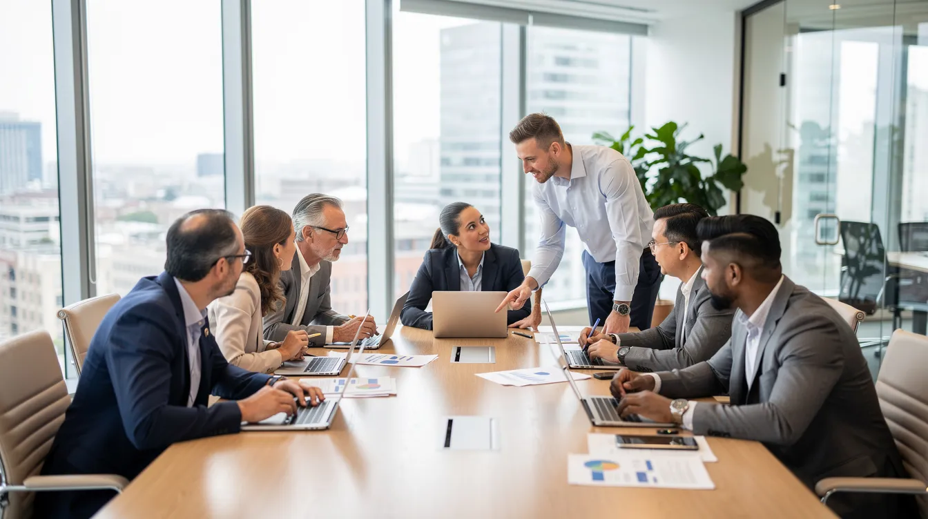Une équipe diversifiée de professionnels collabore autour d'une table dans un bureau moderne baigné de lumière naturelle, illustrant l'importance du développement personnel et de la confiance en soi au travail. Cette image reflète l'esprit d'équipe et l'échange d'idées, essentiels pour surmonter les blocages et favoriser le bien-être au sein de l'entreprise.
