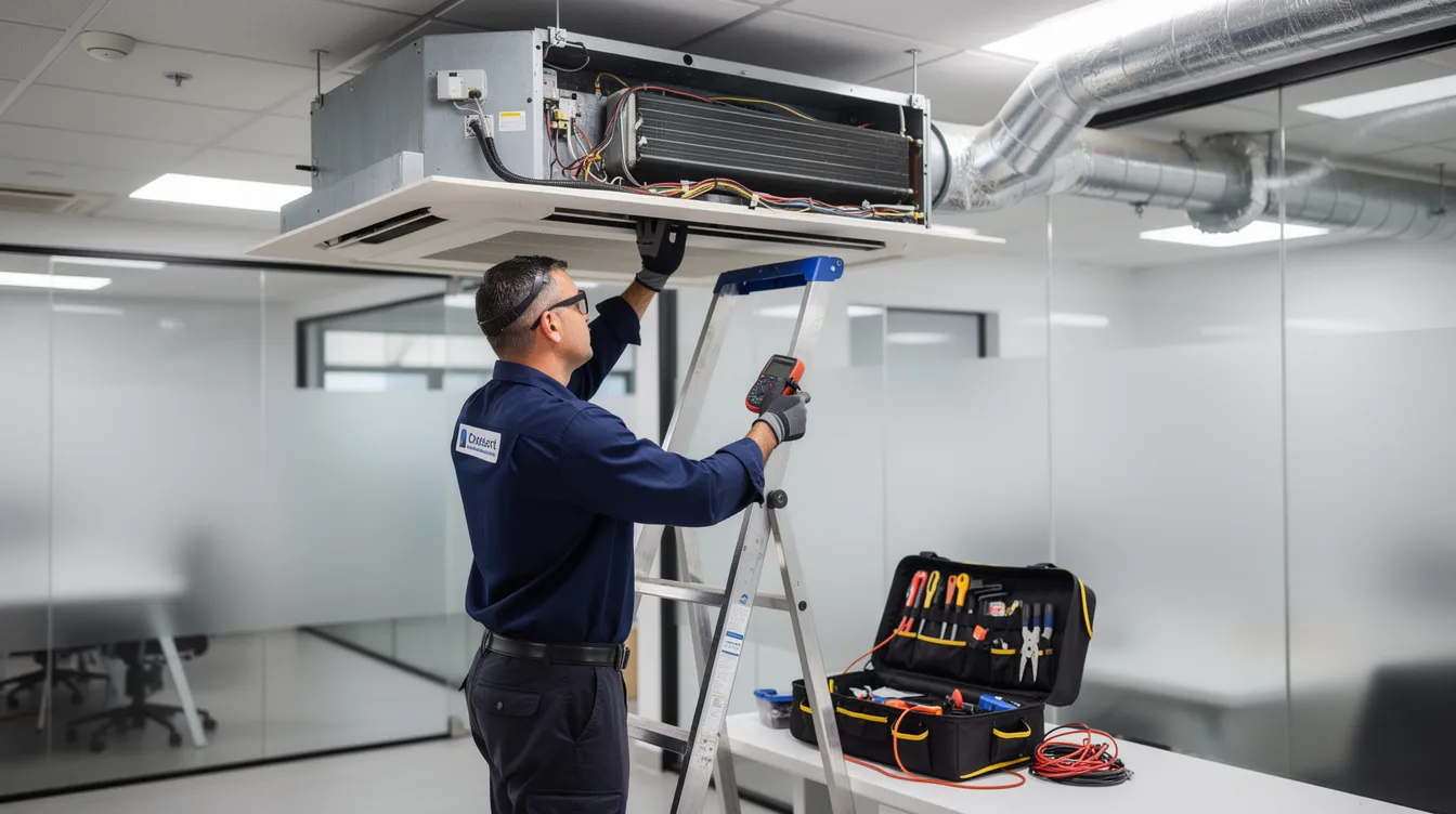 A skilled technician is servicing a commercial air conditioning system, ensuring all components are clean and functioning properly. This important maintenance job is being conducted in a professional workshop, highlighting the benefits of regular aircon service for optimal performance and safety.