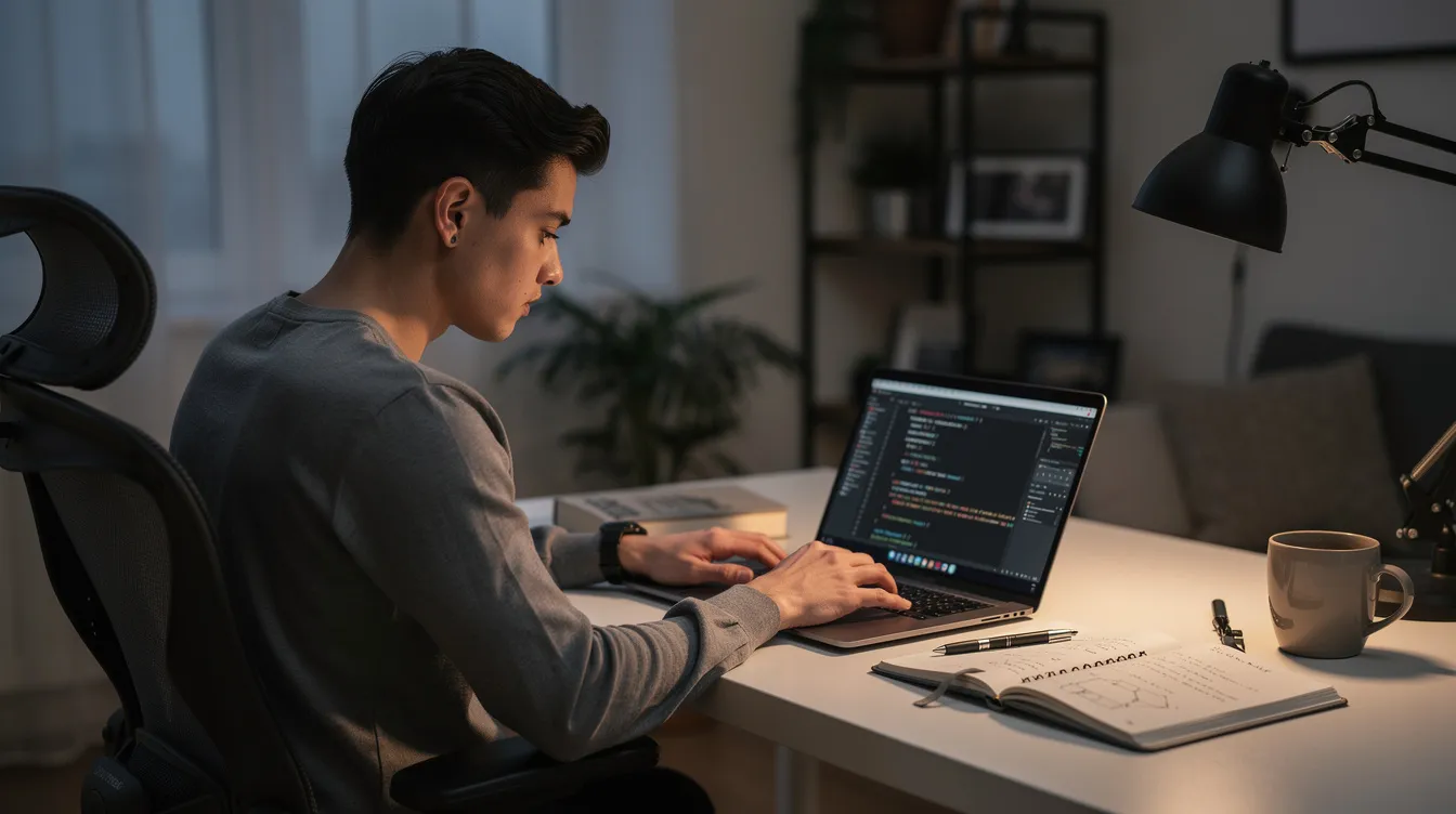 The image shows a person sitting at a desk, focused on a laptop and a notebook, preparing for a technical interview related to artificial intelligence. They are likely reviewing concepts such as large language models and generative AI, which are essential for understanding AI interview questions and the underlying principles of machine learning.