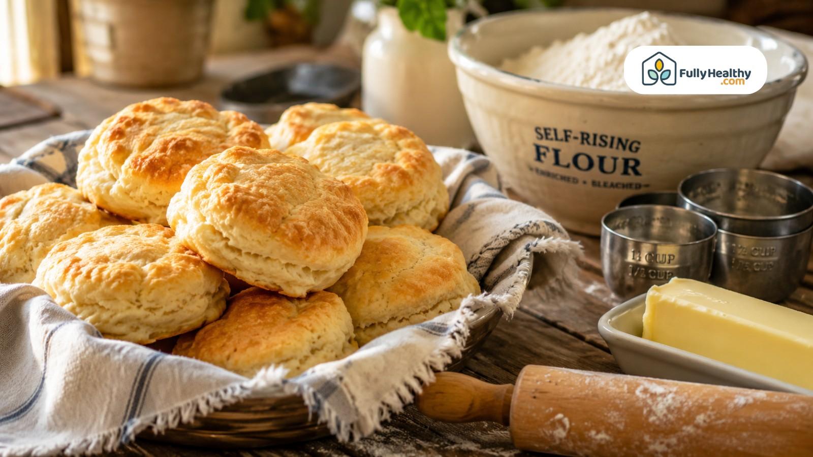 Fresh biscuits beside self-rising flour, butter, measuring cups, and rolling pin