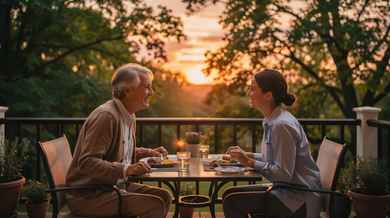 An older adult and their family caregiver are seated on a back patio, sharing plates of nutritious meals as they enjoy the serene atmosphere of trees and a vibrant sunset. This moment of companionship highlights the importance of support and connection in the everyday life of families caring for loved ones.